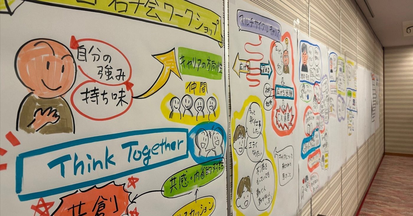 当日のグラフィックのクローズアップ。「Think Together」「自分の強み・持ち味」の言葉